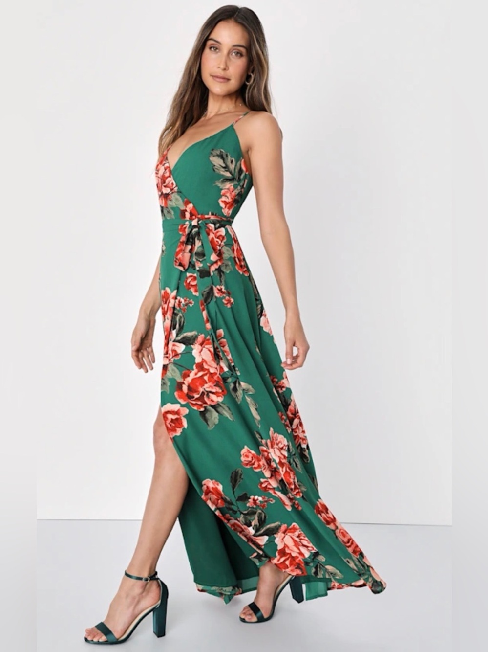 Lulu’s Floral Flirtation Dark Green Floral Print Wrap Maxi Dress Medium